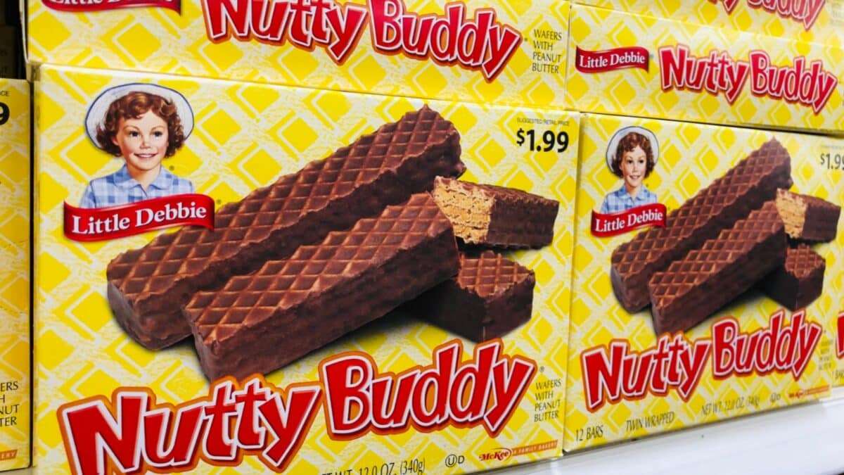 Charlotte, NC - July 2, 2019: Nutty Buddy twin wrapped waffles with peanut butter sandwiches by Little Debbie.