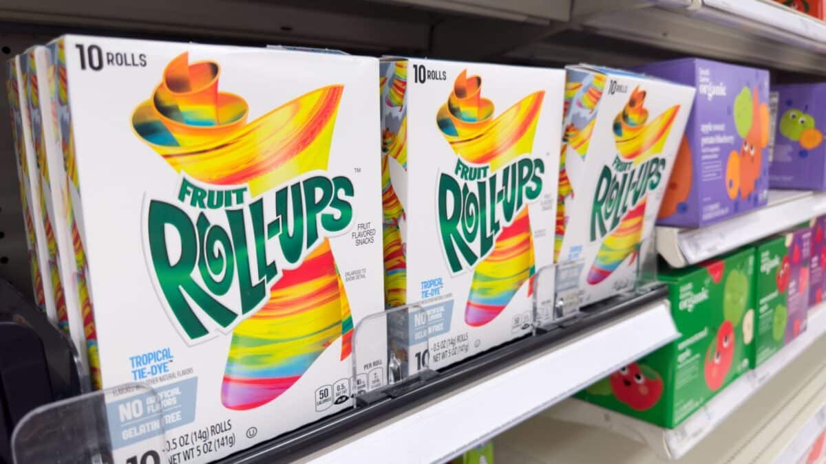 Los Angeles, California, United States - 02-01-2023: A view of several packages of Fruit Roll-Ups, on display at a local grocery store.