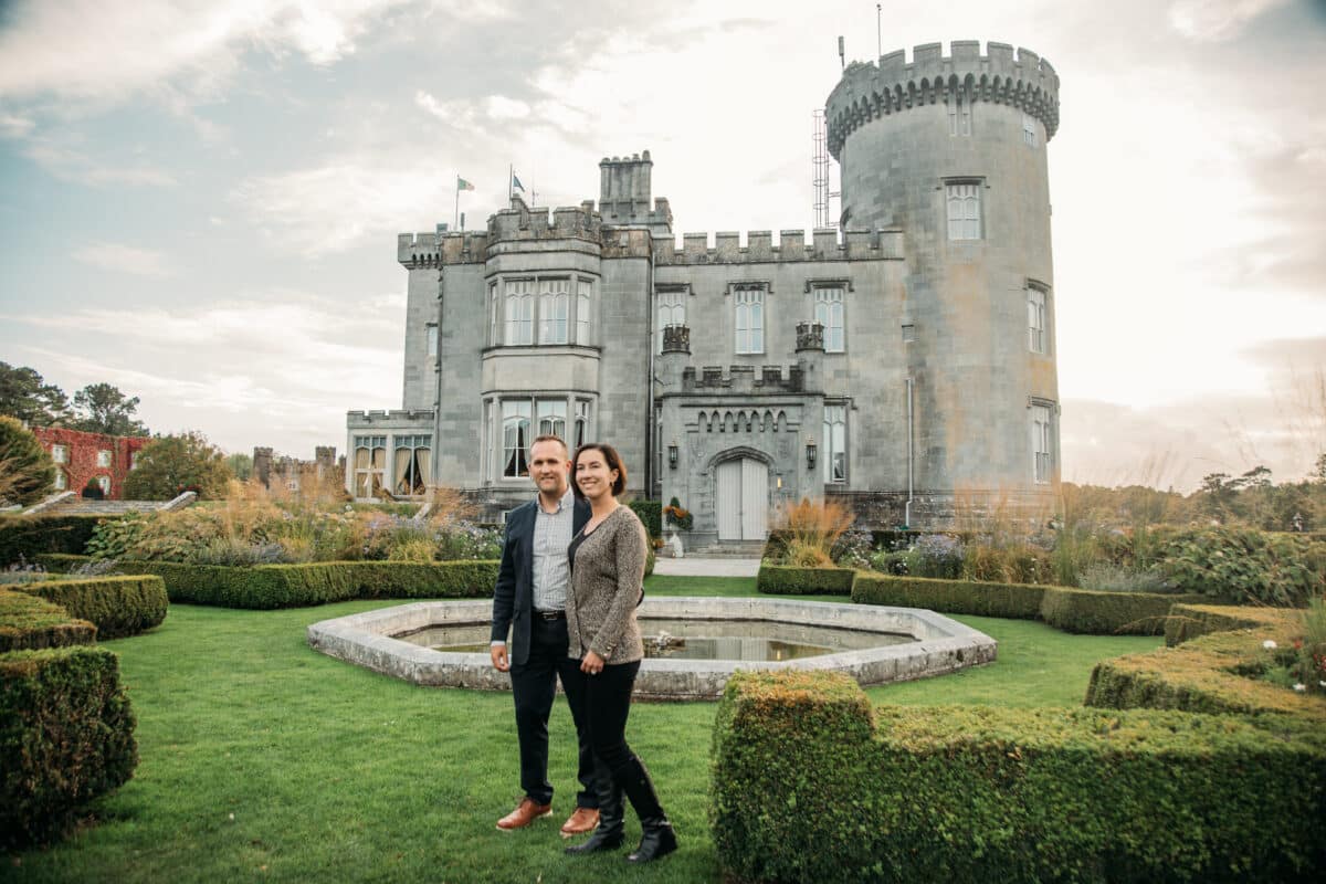 Chanel cardigan fidelity denim in front of a castle in Ireland