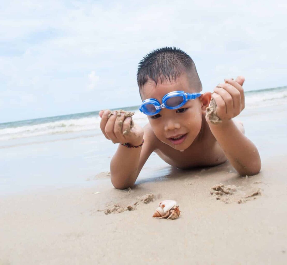 playful boy and Hermit crab on the beach with sea on background at Phuket island,Thailand