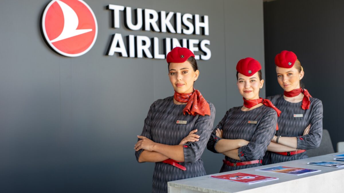 Turkish Airlines stewardesses at Teknofest Ankara. Cabin crew members, smiling women portrait. Ankara, Turkey - August 30, 2023.