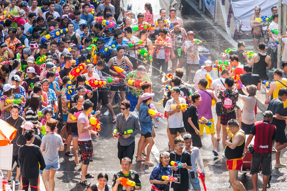 BANGKOK, THAILAND - April 13: Famous Songkran Festival in Silom on April 13, 2017. One of the most popular water fight places during Songkran in Bangkok, Thailand. 