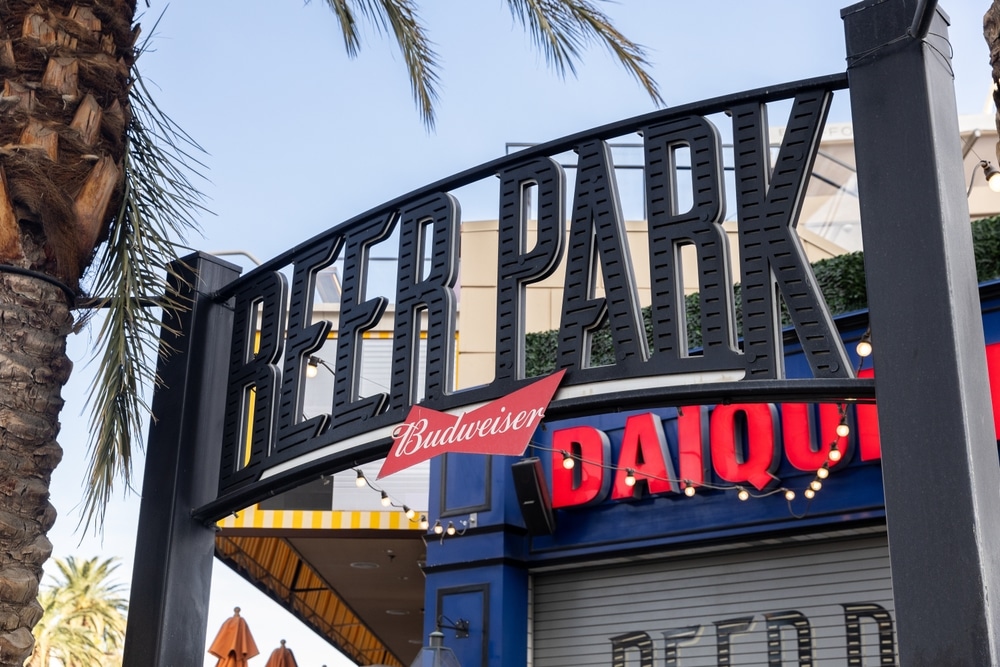Las Vegas, NV, USA - November 10, 2024: Beer Park is located outside of the Paris Hotel and Casino with a rooftop bar and grill overlooking the strip and showing sports.