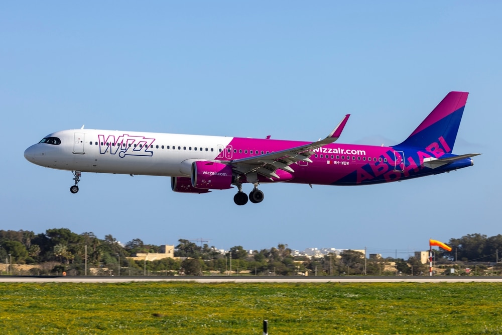 Luqa, Malta - January 8, 2025: Wizz Air Abu Dhabi (Wizz Air Malta) Airbus A321-271NX (REG: 9H-WDW) landing on a sunny winter day.