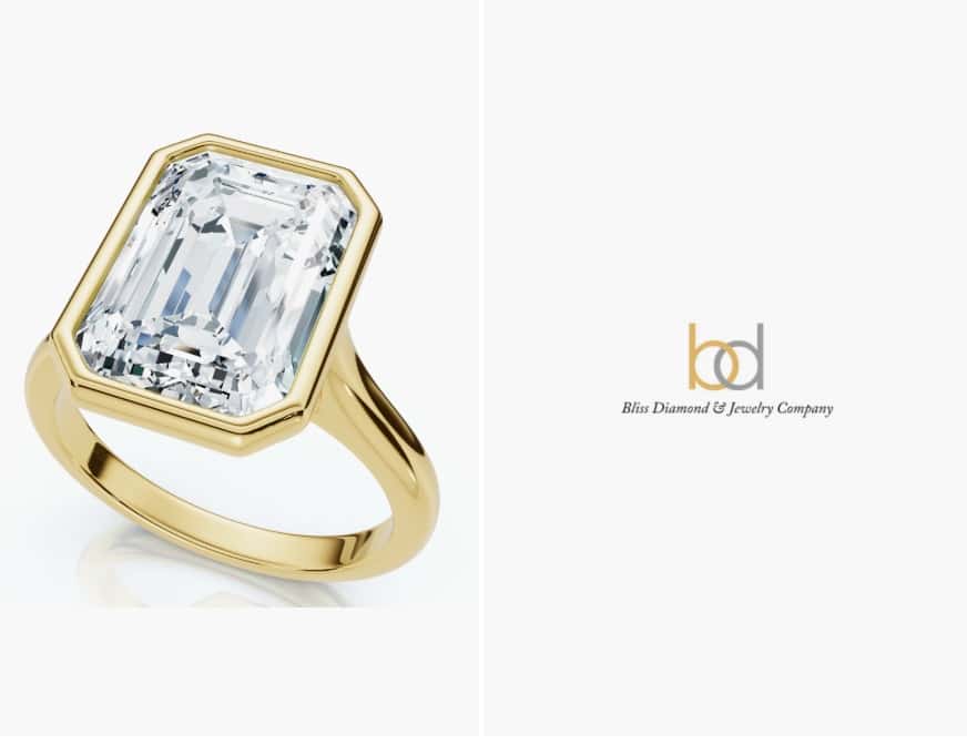 3Ct Emerald Cut Bezel Solitaire Diamond Engagement Ring 14k Gold or Pt Lab Grown