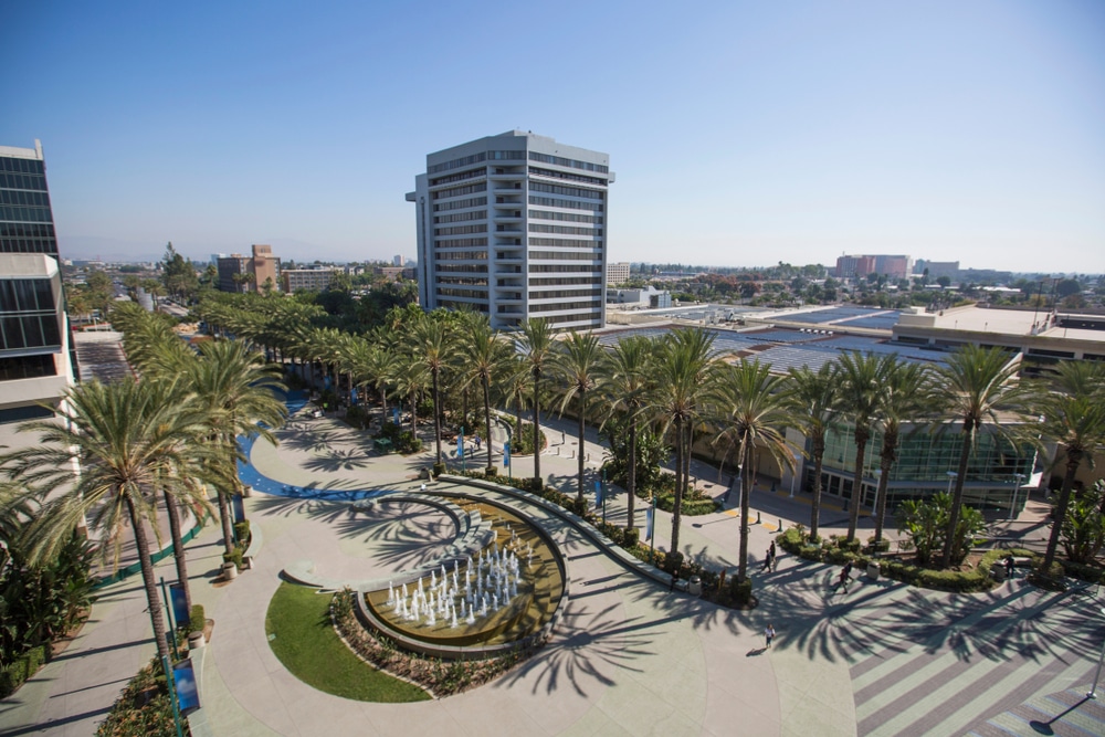 Elevated daytime view of the Anaheim, California skyline.