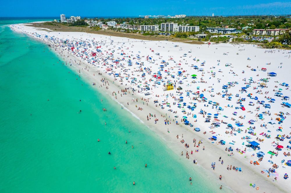 Siesta Key Beach Sarasota Florida Beautiful Sunny Day With Bright Blue Water During Spring Break Tourist Season Boaters Vacation White Sands
