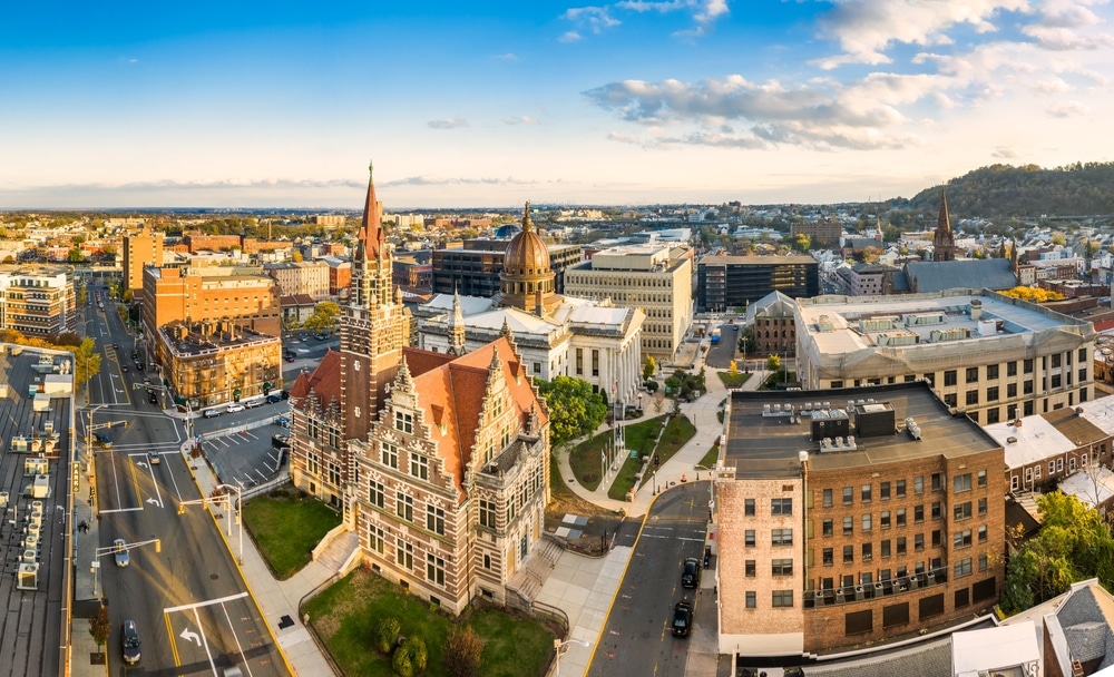 Aerial cityscape of Paterson, NJ and its old courthouse. Paterson is the county seat of Passaic County and the 3rd most populous city of NJ, with the 2nd largest muslim population in US by percentage.