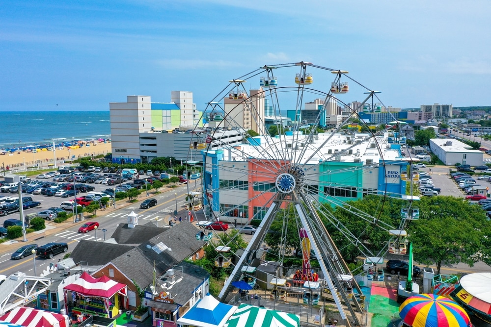 Virginia Beach Virginia - July 10 2021: Aerial View of a Ferris wheel and amusement park at the Virginia Beach Oceanfront