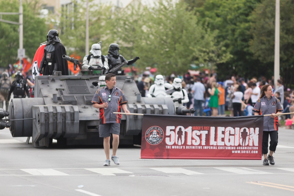 Louisville, Kentucky, USA - May 03, 2018: The Pegasus Parade, Members of the Vader's Fist, 501st legion, wearing star wars costumes, going down W Broadway