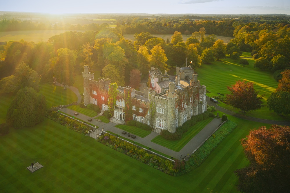 Castleknock, Dublin / Ireland - October 2020 : Aerial view of Luttrellstown Castle Resort, luxurious 5-star hotel and wedding venue in 15th-century castle offered for for hire