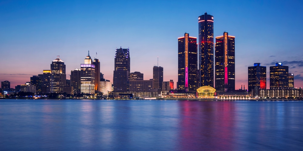 Blue hour of Detroit Skyline from Windsor, Ontario, Canada.