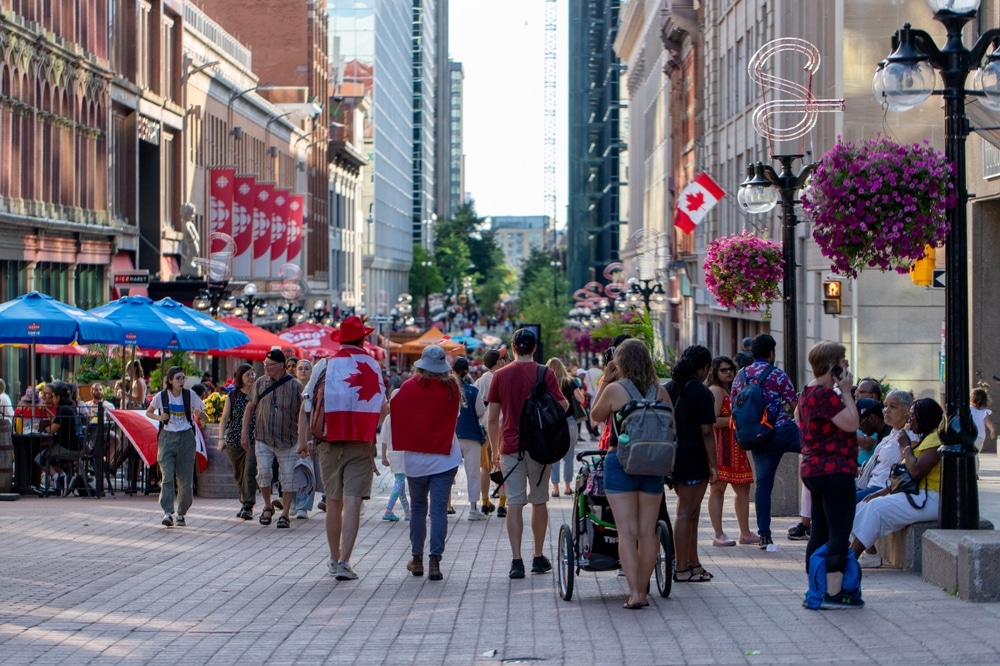 Canada, Ottawa - July 1, 2024: People walking on Sparks street in downtown on Canada day