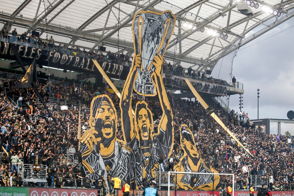 Los Angeles FC fans celebrate the team's 2022 MLS Championship title prior to an MLS soccer match against the Portland Timbers Saturday, March 4, 2023, in Los Angeles.