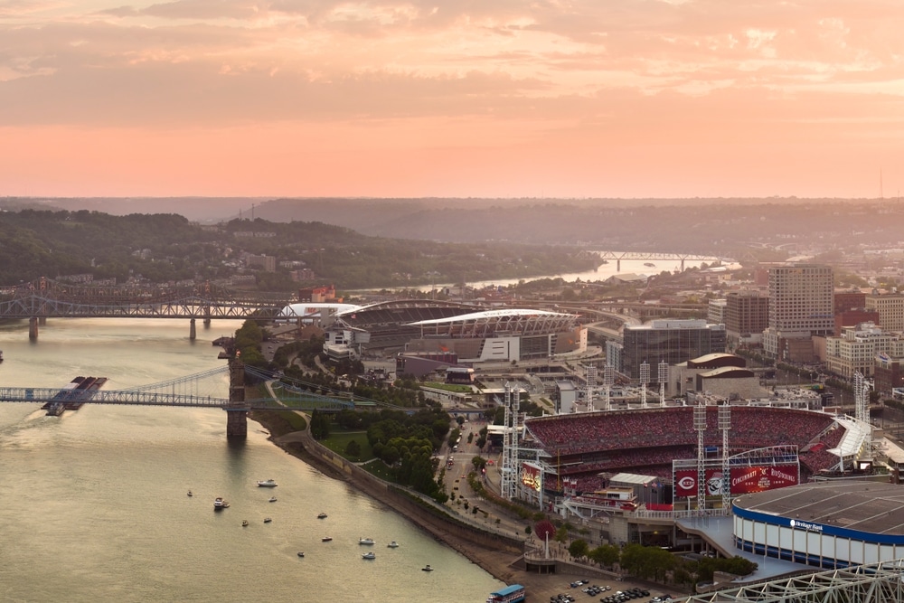Cincinnati, Ohio urban landscape with baseball stadium in downtown district. Great American Ball Park at sunset. Cincinnati, USA - July 29, 2023.