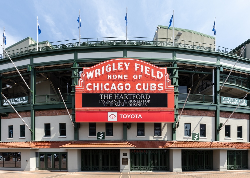 Chicago, IL, USA - August 14, 2024: The exterior Major League Baseball's Chicago Cubs' Wrigley Field stadium in the Wrigleyville neighborhood of Chicago.