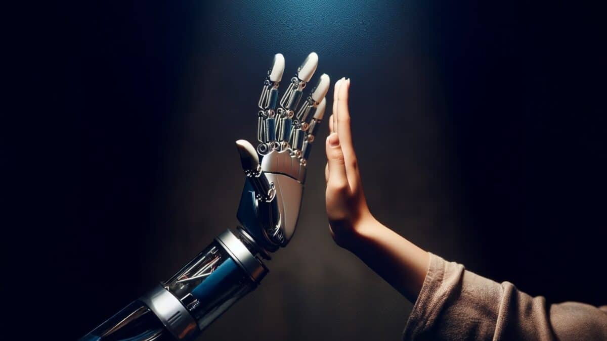 Hi5 between human hand and robotic hand dark background