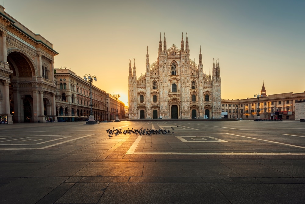 Duomo , amazing Milan gothic cathedral at sunrise,Italy,Europe.Horizontal photo with copy-space.