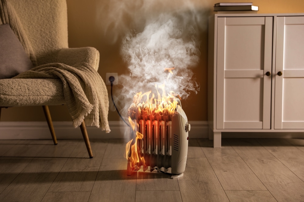 Burning heater in room, flames all over device. Do not leave unattended