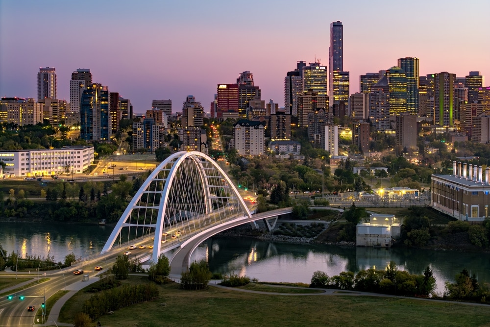 Edmonton, Canada, September 11th 2025. Walterdale Bridge and downtown Edmonton skyline at dusk, Alberta, Canada