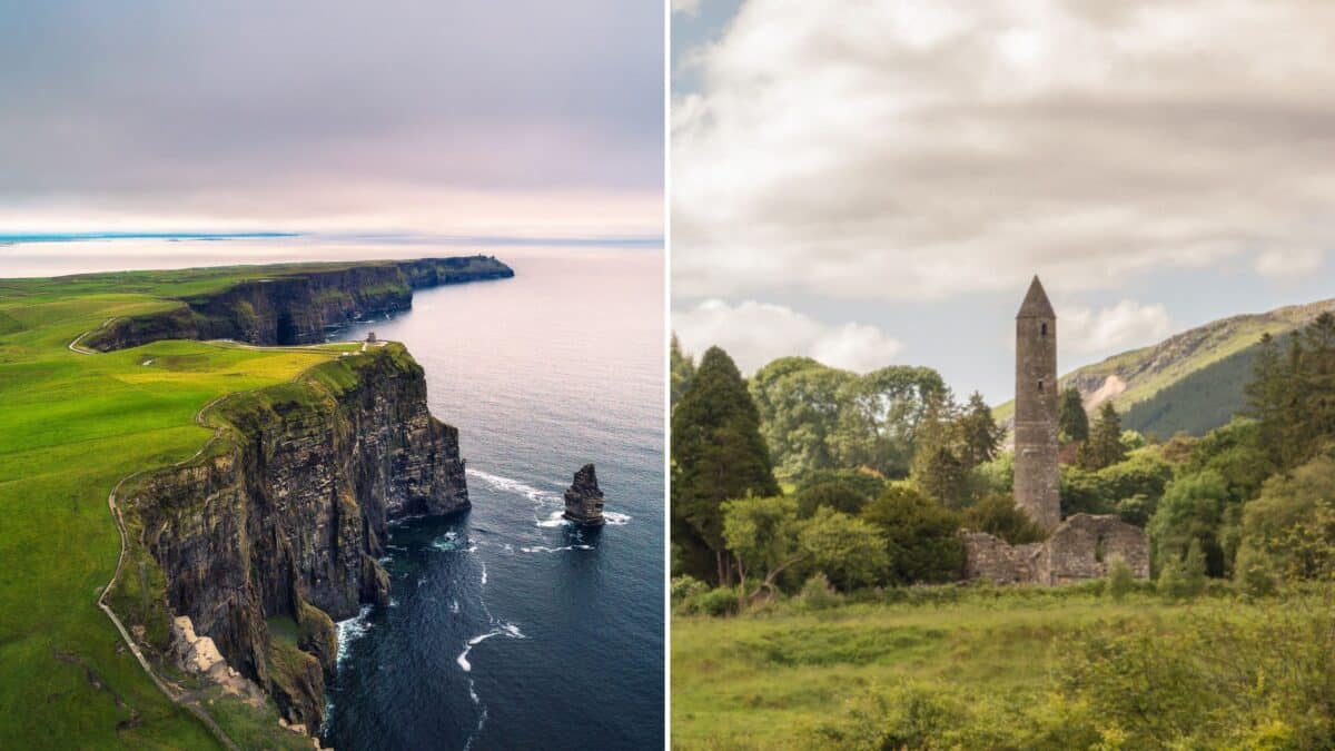 Cliffs of Moher and The Round Tower and woodland at Glendalough, Co. Wicklow, Ireland. The Glendalough valley is located in Wicklow Mountains National Park and is home to an Early Medieval monastic settlement.