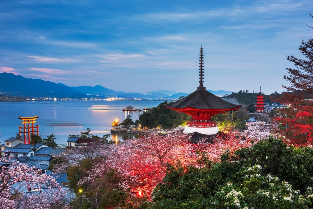 Miyajima,Island,,Hiroshima,,Japan,In,Spring,At,Dusk.