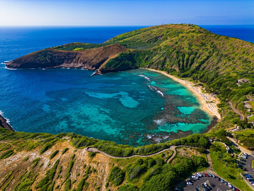 An aerial view of Hanauma Bay on the island of O'ahu in Hawaii