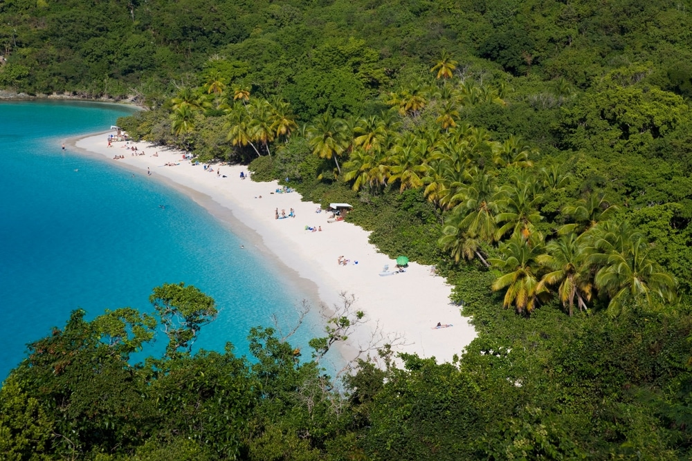 Elevated view over the world famous beach at Trunk Bay, St. John, U.S. Virgin Islands, West Indies, Caribbean, Central America