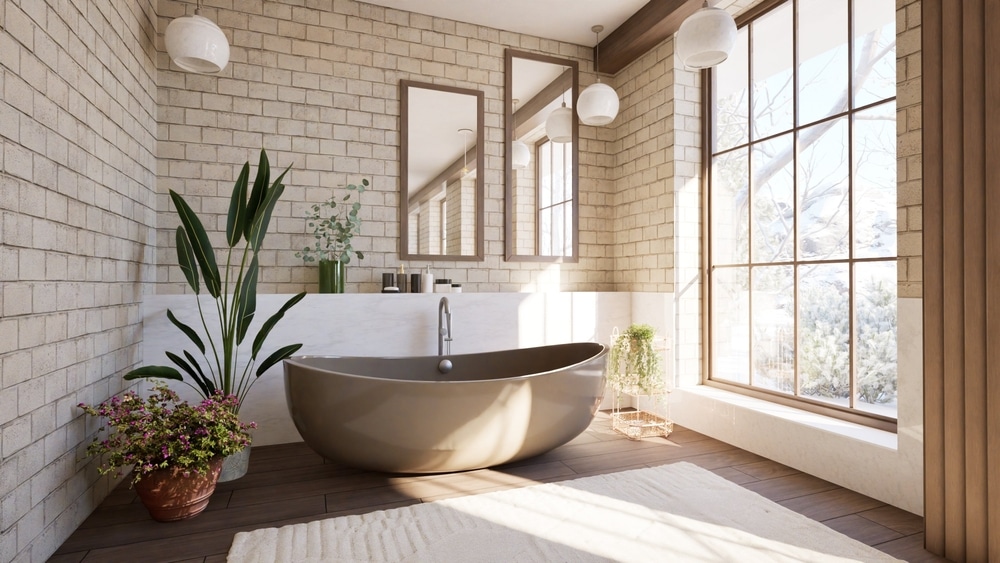 Bright Scandinavian style bathroom with natural light, freestanding bathtub, wooden beams, and warm neutral tones. Features green plants, a modern vanity, large windows. Body care. 3d render. Spa
