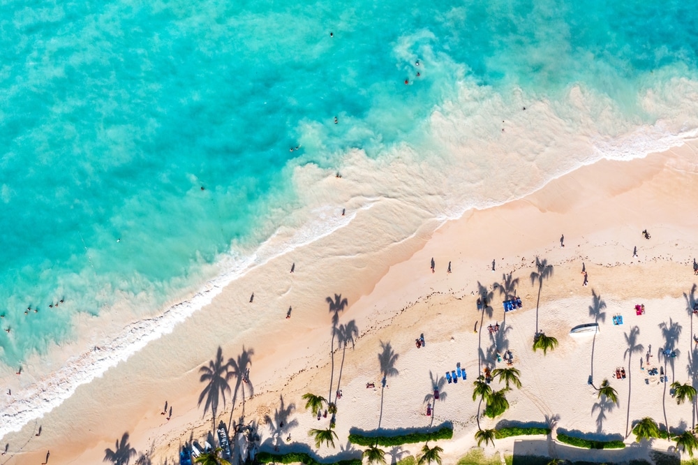 Aerial drone view of beautiful atlantic tropical beach with palms and ocean waves. Bavaro, Punta Cana, Dominican Republic. Vacation background