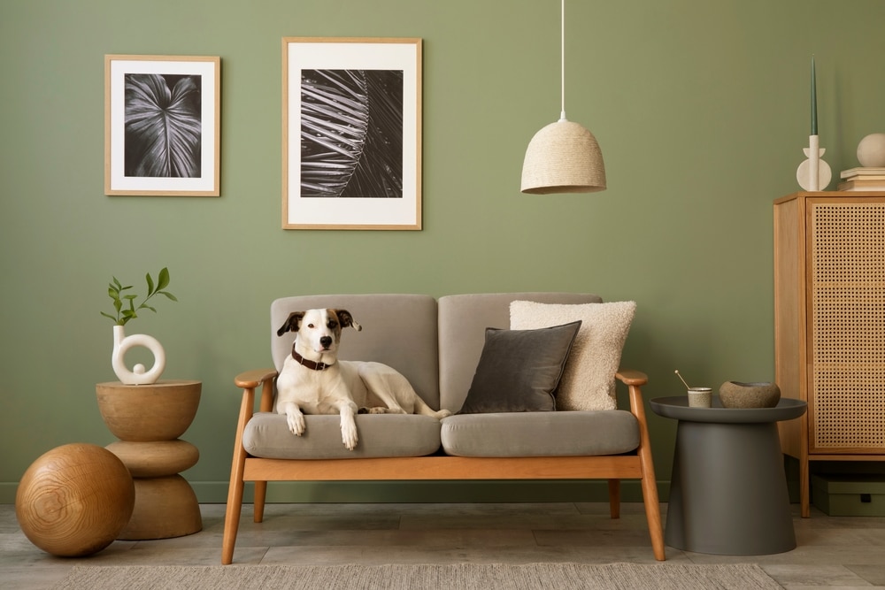 Elegant composition of living room interior. Modern scandi sofa, dog, side table and creative personal accessories. Sage green wall. Template. Copy space.