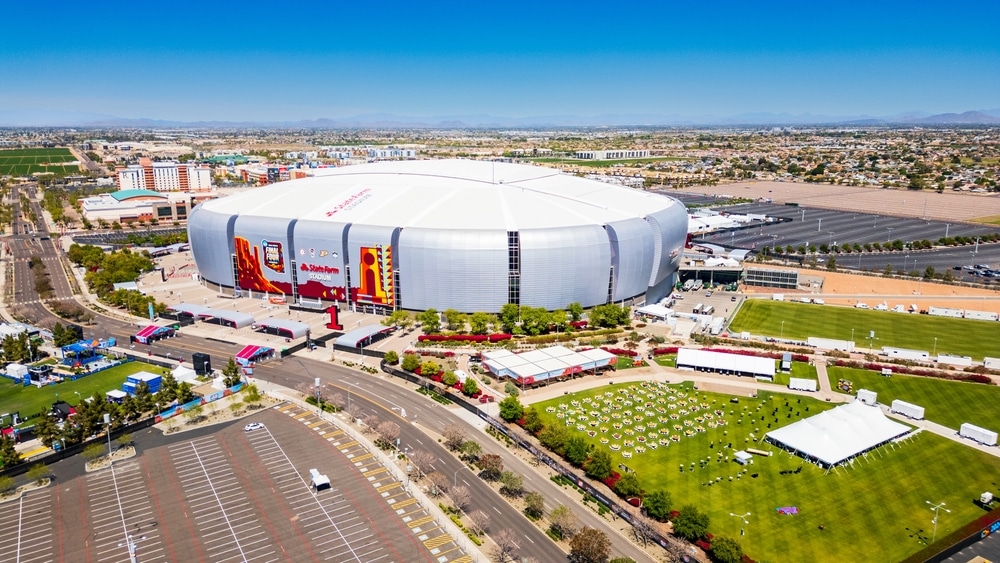 Glendale, AZ - April 7, 2024: State Farm Stadium is a multi-purpose retractable roof stadium in Glendale, Arizona, near Phoenix. It is home of the Arizona Cardinals of the National Football League.