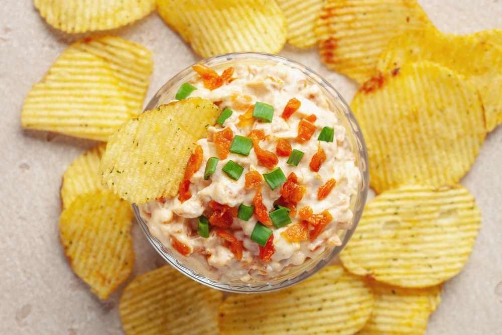 Homemade French Onion Dip with Chips. Top view