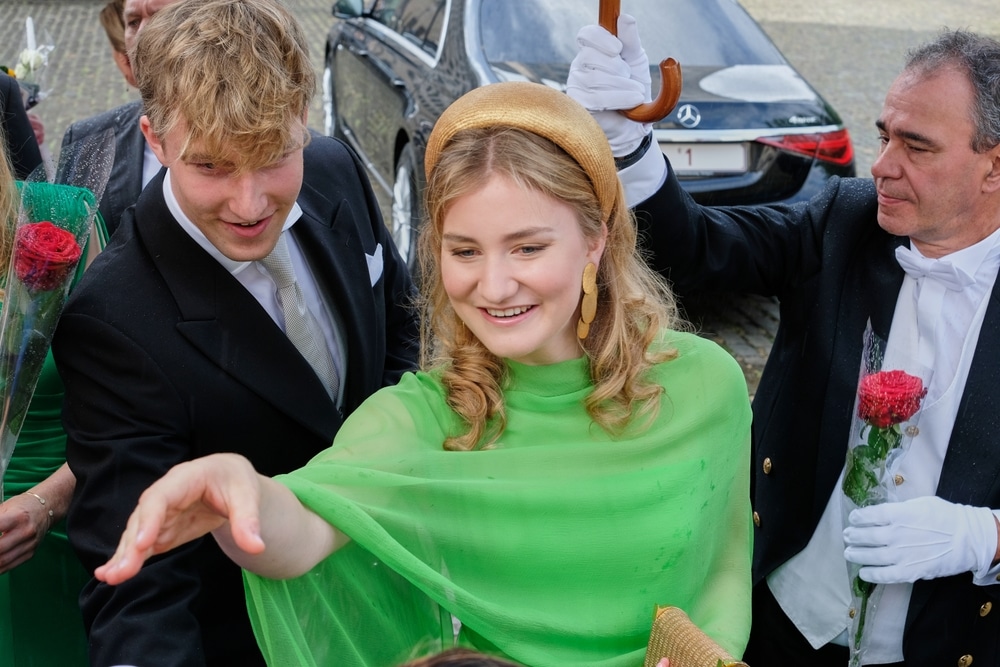 Brussels, Belgium - July 21, 2025: Princess Elisabeth and Prince Emmanuel of Belgium meeting people after the Te Deum on the Belgian National Day at the Cathedral of St. Michael and St. Gudula.