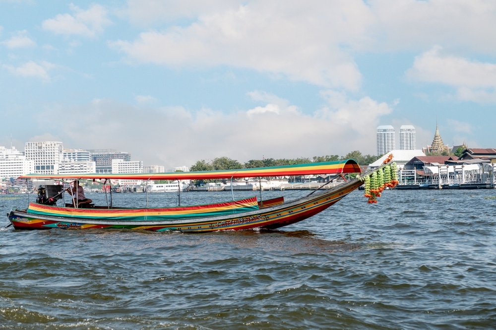 Bangkok, Thailand - October 03, 2023: Chao Phraya River. Cityscape view of Bangkok. Long tail boat rental Bangkok river service support Travelers See Bangkok