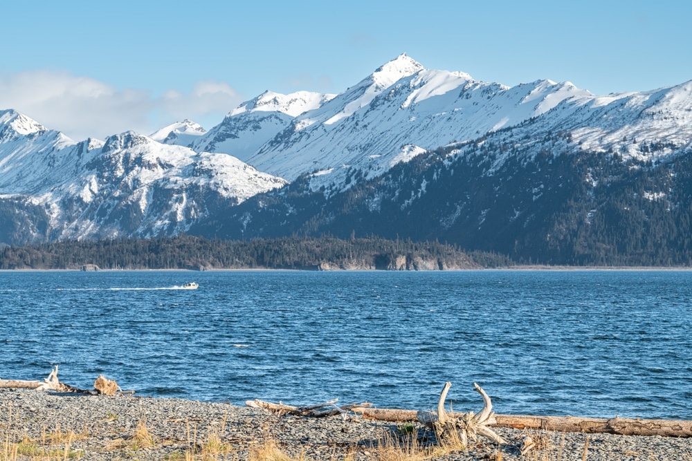 The mountains of Lake Clark National Park and Preserve from the Kenai Peninsular across the Cook Inlet.