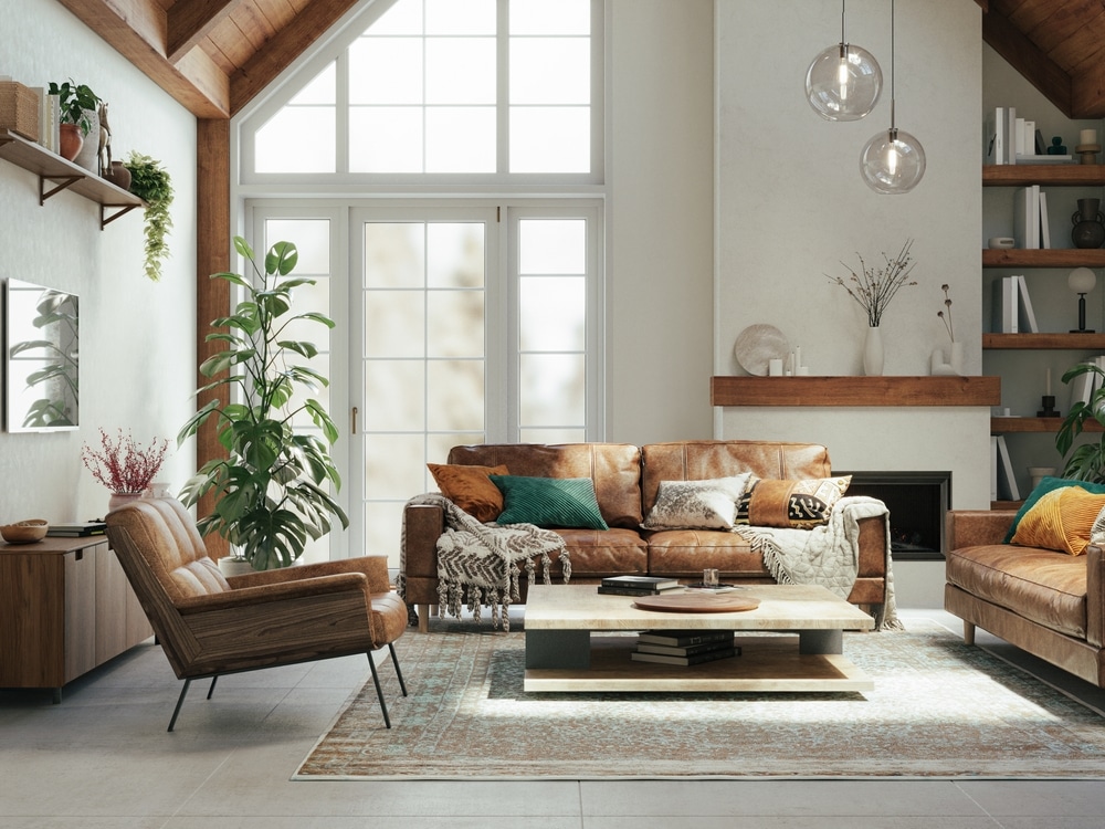 Warm rustic living room with high ceilings, leather seating, and natural light, 3d rendering