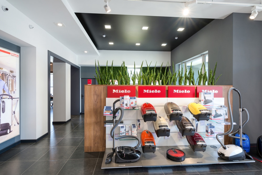 Minsk, Belarus-June 25,2017: Miele Sales Office In Minsk (Belarus). Miele Is A German Based Manufacturer Of Premium Class Domestic Appliances for cleaning of premises. Exposition with vacuum cleaners