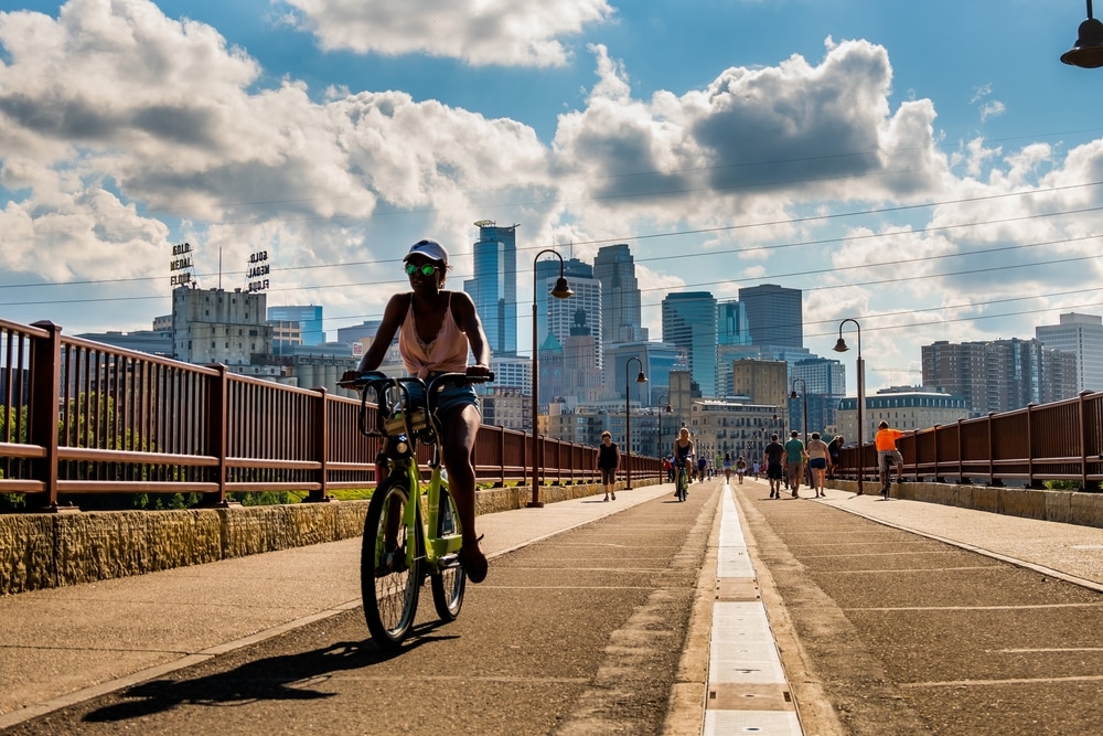 street view on Stone Arch Bridge in Minneapolis, Minnesota - July, 2017: USA
