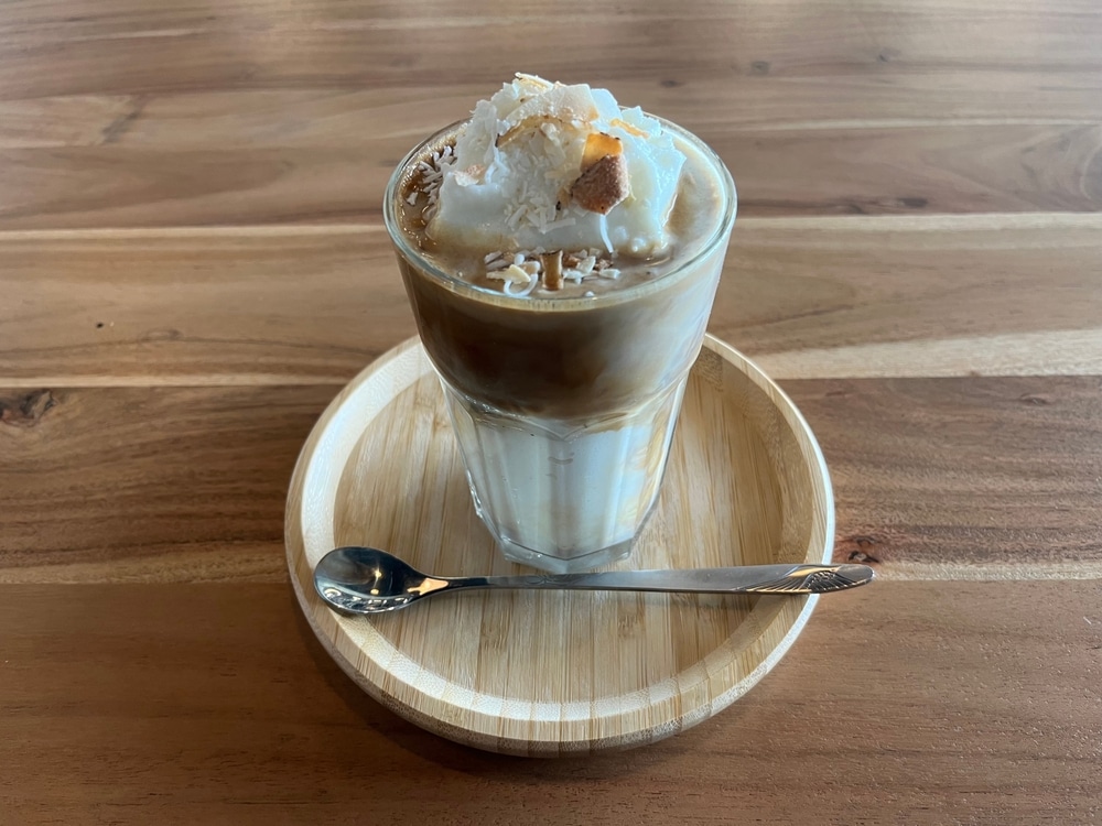 Vietnamese Iced Coconut Coffee (the flavor of Vietnamese coffee poured over a icy coconut slush that is slightly sweetened and is full of coconut flavor and aroma)