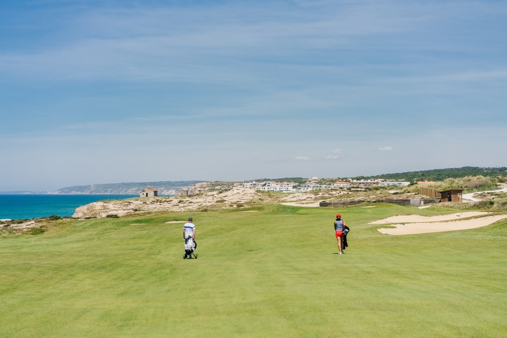 golf course at Praia dEl Rey beach at sunset, near Obidos, Portugal. High quality photo