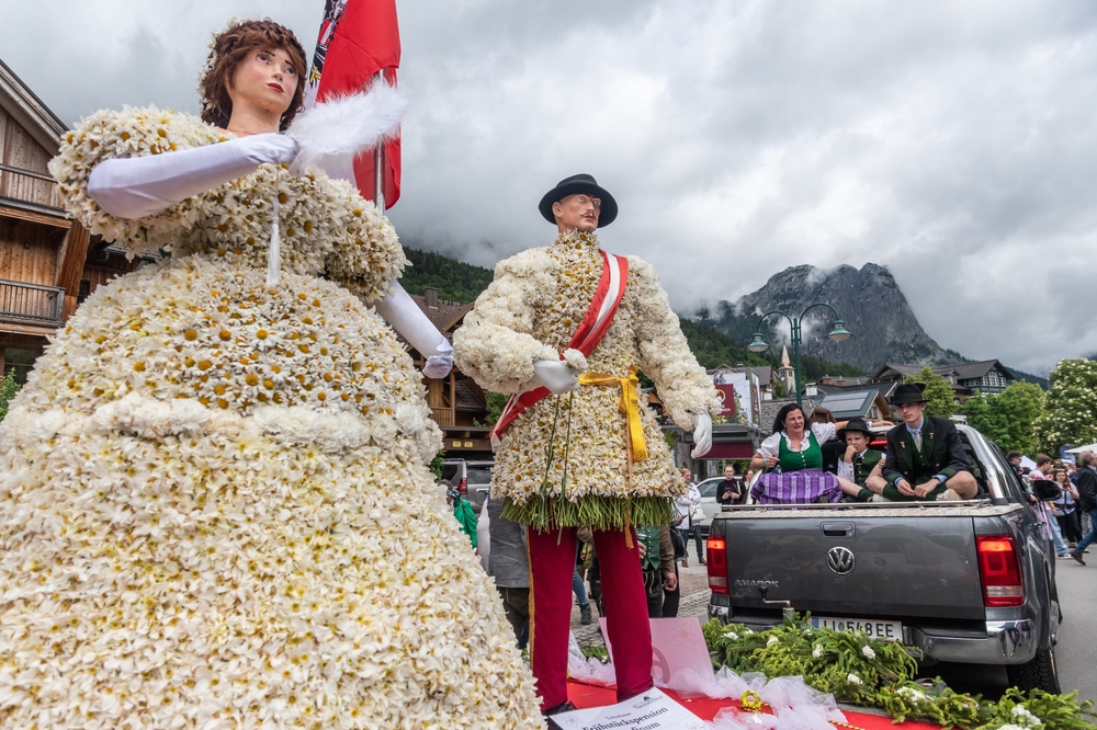 Bad Aussee Austria - June 2d 2024: Narzissenfest in Bad Aussee. Flower festival Ausseerland-Salzkammergut. The Biggest Flower Festival in Austria