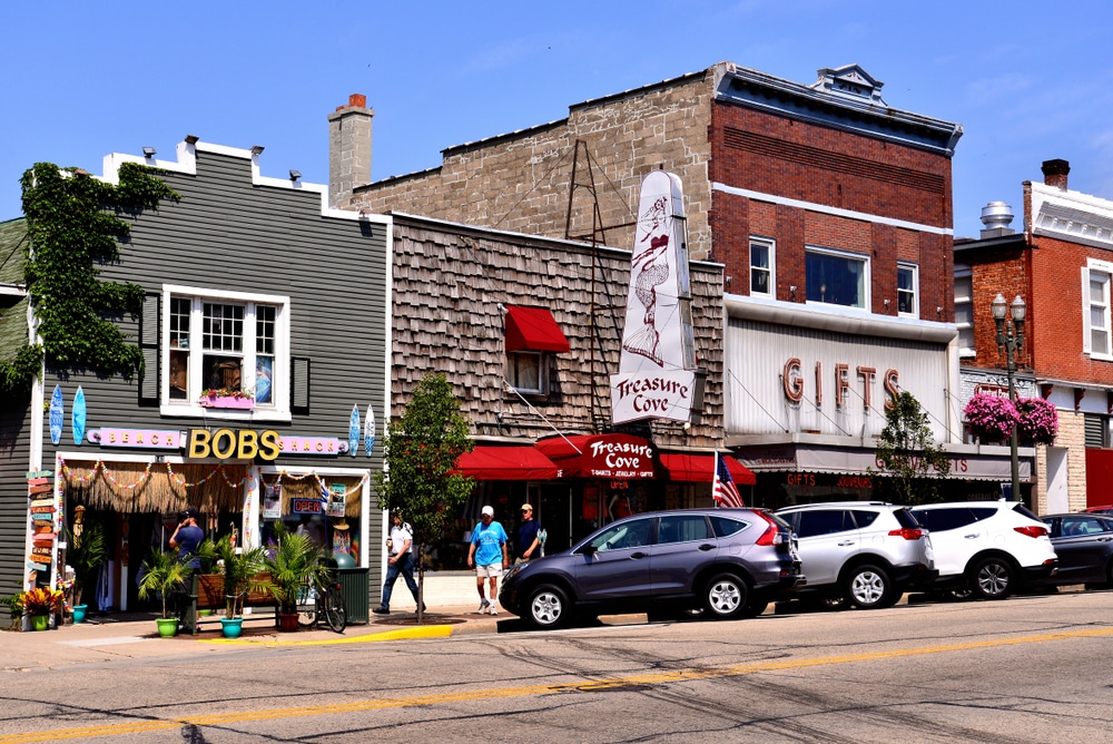 Lake Geneva, Wisconsin / USA - July 28, 2019: The downtown area of the famous Wisconsin vacation destination at the height of the summer tourist season.