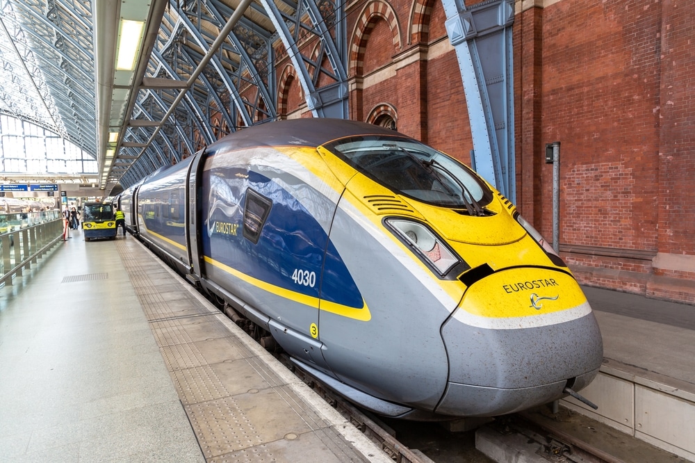 LONDON, UK - JUNE 17, 2022: Modern The Eurostar high speed bullet train - connects Paris Gare du Nord and London St. Pancras train station in London, UK