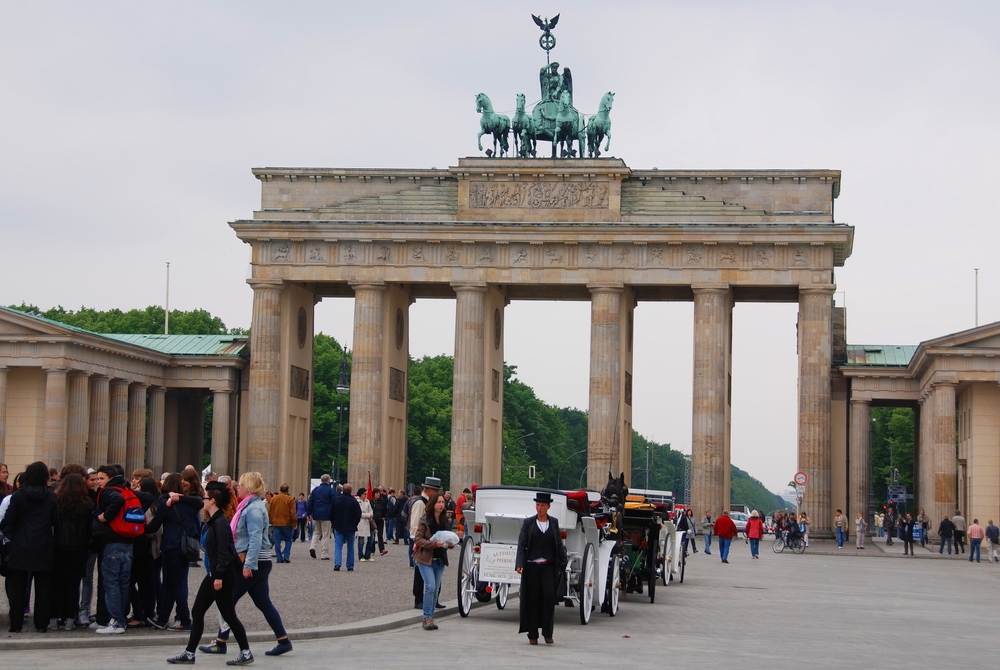 BERLIN, GERMANY 05 22 10: The Brandenburg Gate is an 18th-century neoclassical monument in Berlin, built on the orders of Prussian king Frederick William II. One of the best-known landmarks of Germany