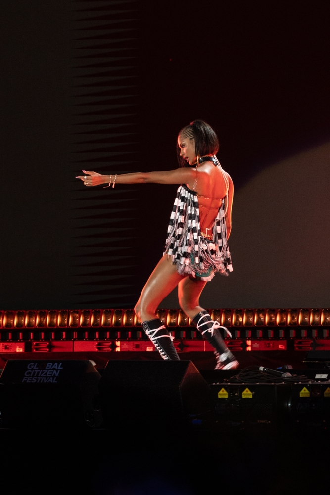 Tyla performs on stage during 2025 Global Citizen Festival at Central Park's Great Lawn in New York, NY on September 27, 2025
