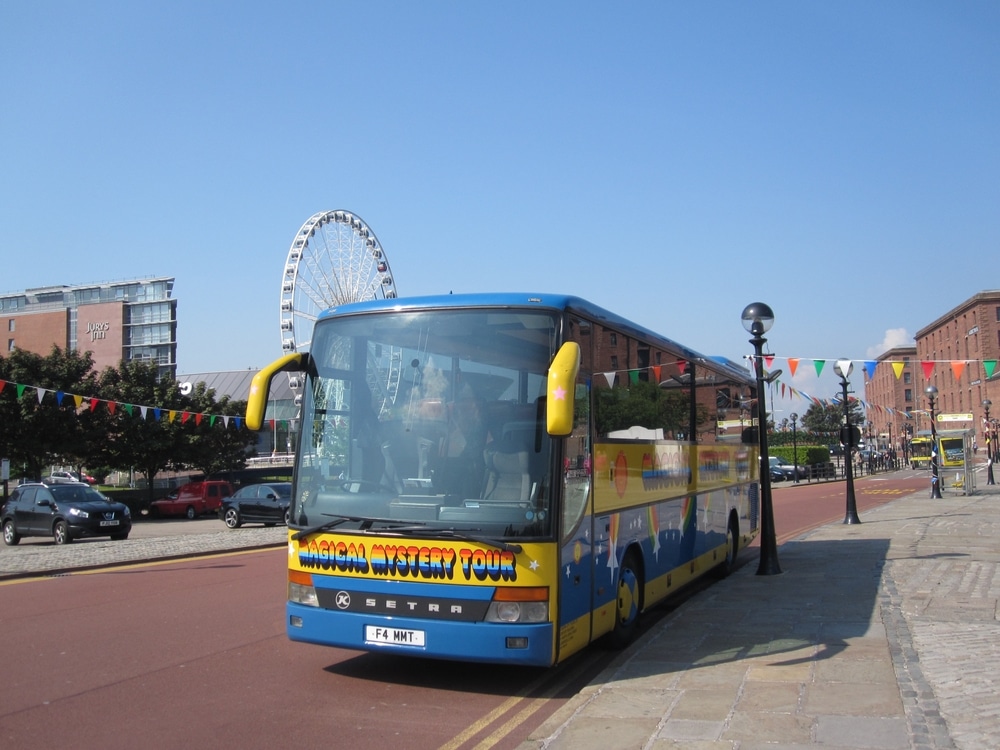 Magical mystery tour bus, Liverpool, United Kingdom, 7-2-2014