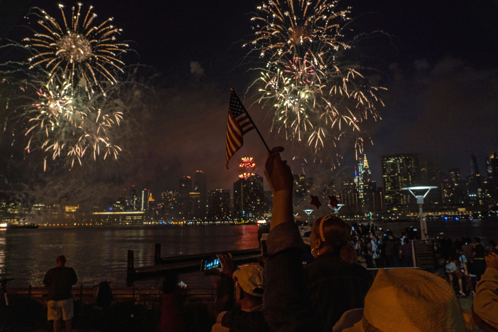 NEW YORK, NY - JULY 4: The 45th annual Macy's 4th of July Fireworks display celebration in the Gantry State Plaza Park in Long Island City on July 4th, 2021 in the Queens borough of New York City.