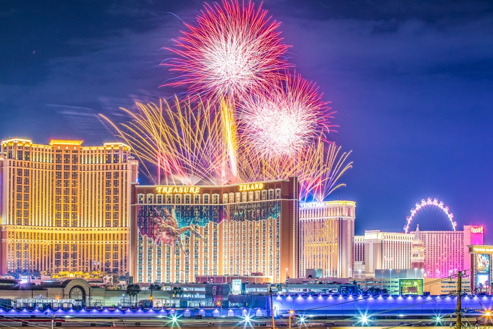 Las Vegas, NV, USA 7-4-2021: The entire Las Vegas Strip hosts a synchronized fireworks show twice a year: Fourth of July and New Year’s Eve. Notable mega casino properties participate in the events.