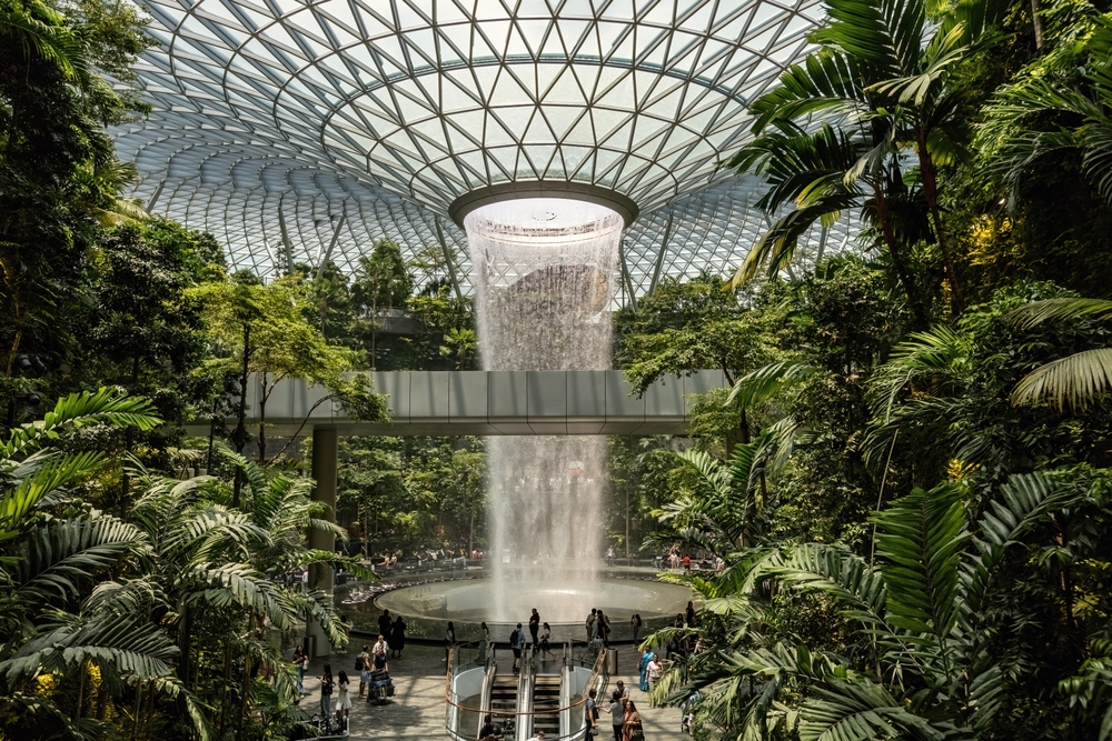 SINGAPORE, April 2, 2025: Jewel Rain Vortex waterfall in the Changi Singapore airport